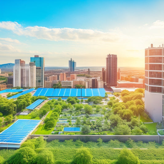 An aerial view of a cityscape with several buildings featuring lush green roofs, covered in a mix of verdant vegetation and solar panels, surrounded by a bright blue sky with fluffy white clouds.