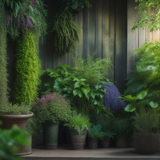A serene, well-lit vertical garden with lush greenery, colorful flowers, and cascading vines, featuring a subtle misting system and a few strategically placed watering cans.