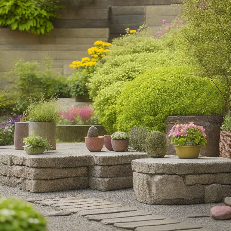 A rustic outdoor setting with concrete block planters in various shapes and sizes, adorned with lush greenery, moss, and colorful flowers, surrounded by pebbles, wooden benches, and a serene garden backdrop.