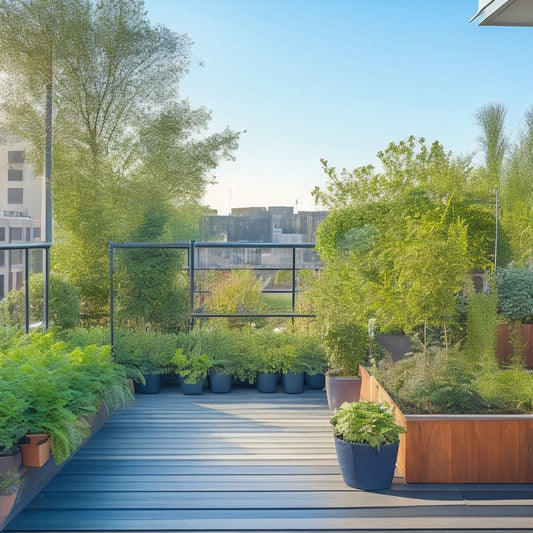 A serene urban rooftop with a lush vertical garden, featuring a mix of leafy greens, flowering plants, and herbs, with trellises, planters, and a subtle irrigation system, set against a clear blue sky.