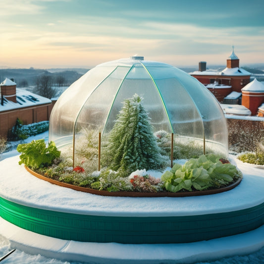 A serene winter rooftop scene: snowflakes gently fall around a lush, thriving hydroponic garden, with vibrant green lettuce, cherry tomatoes, and herbs flourishing under a transparent, domed greenhouse.