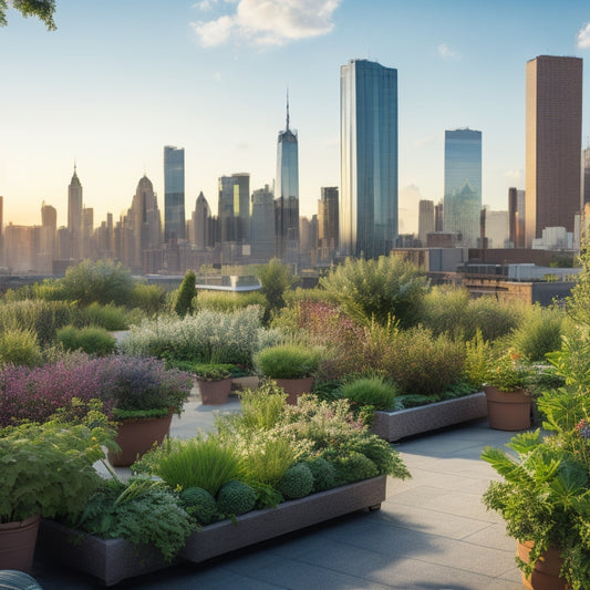 A serene rooftop garden with lush greenery, vibrant flowers, and a mix of vegetables and herbs, surrounded by a sleek cityscape with tall skyscrapers and a bright blue sky.