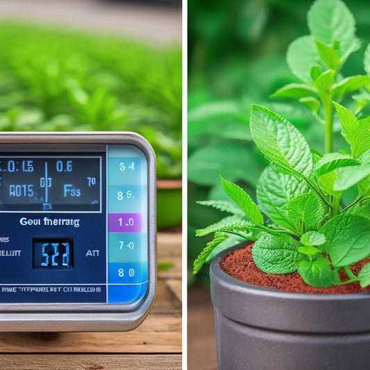 A split-screen image featuring a thermometer inserted into a block planter filled with vibrant green seedlings on the left, and a temperature gauge displaying 65-75°F (18-24°C) on the right.