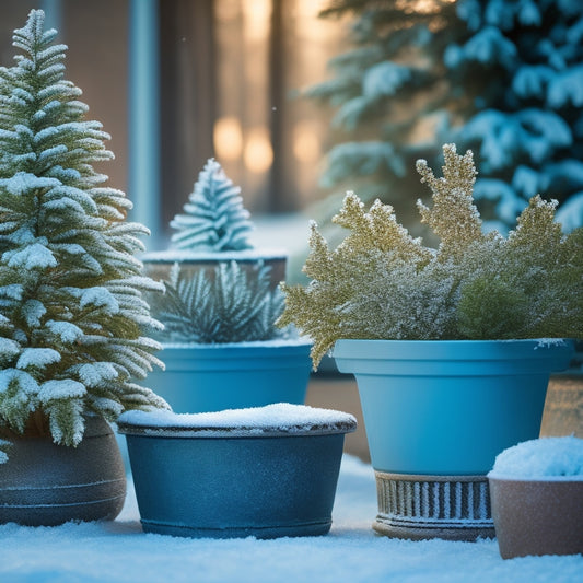 A frosty winter morning scene featuring a set of concrete planters, some empty and others filled with evergreen branches, surrounded by snowflakes gently falling and a few scattered winter leaves.