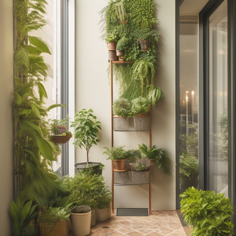 A tall, narrow apartment balcony with a lush vertical garden, featuring a trellis with climbing plants, a tiered planter with herbs, and a wall-mounted basket with overflowing greenery.