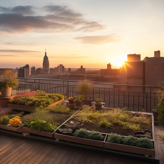 A serene rooftop scene with three tiered raised beds, varying in size, built from weathered wood and filled with lush greenery, surrounded by a sturdy railing and overlooking a cityscape at sunset.
