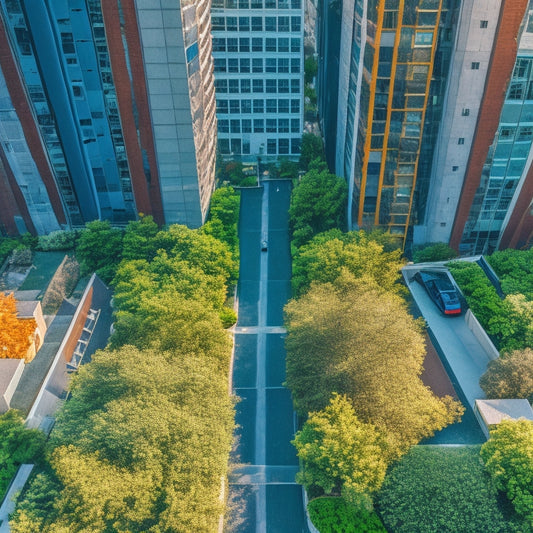 An aerial view of a rooftop with accessible pathways, ramps, and elevators, surrounded by lush greenery, with a subtle background of city skyscrapers under a bright blue sky.