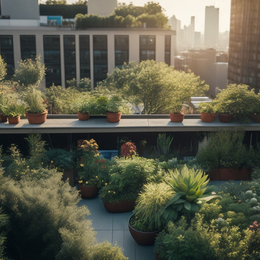 An aerial view of a lush, vibrant rooftop garden with a subtle network of thin, black tubes and emitters, surrounded by a variety of thriving plants and a serene cityscape background.