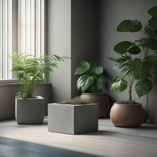 A serene indoor setting with three concrete blocks of varying sizes, each containing a lush green plant with different leaf shapes and sizes, placed on a wooden floor with natural light pouring in.