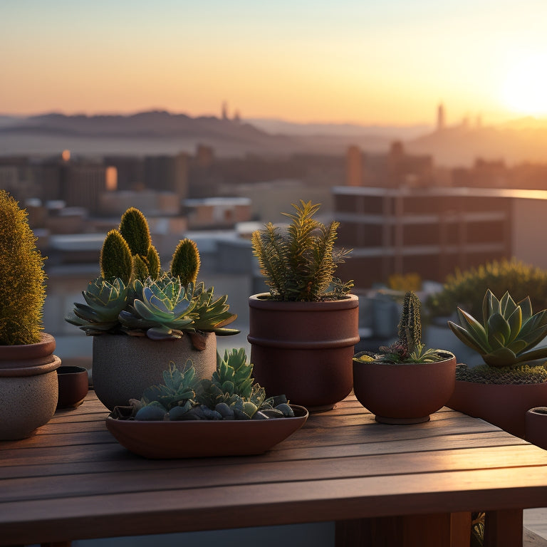 A serene rooftop scene with potted succulents in varied shapes, sizes, and textures, surrounded by sleek wooden planters, natural stone, and a subtle cityscape backdrop at sunset.