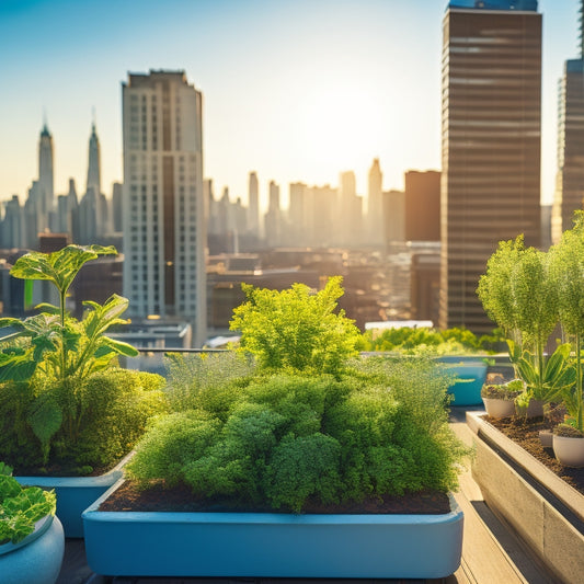 A rooftop garden with a thriving hydroponic system, lush green vegetables and herbs in vertically stacked planters, surrounded by a bustling cityscape with clear blue skies and fluffy white clouds.