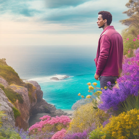 An illustration of a person standing on a coastal cliff, surrounded by lush greenery and vibrant flowers, amidst a mix of urban and natural elements, with a thoughtful expression.