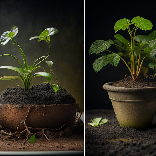 An image of a potted plant with waterlogged soil, roots rotting, and stems wilting, alongside a cracked planter with water overflowing, contrasted with a healthy plant in a planter with holes and well-draining soil.