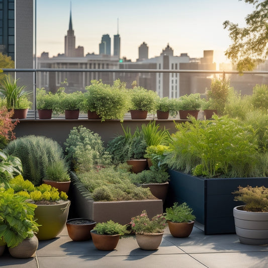 A lush, vibrant rooftop garden with tiered planters, overflowing with leafy greens, colorful flowers, and herbs, surrounded by modern cityscape views and sleek, minimalist outdoor furniture.