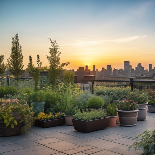 A serene urban rooftop garden scene at sunset, featuring a lush mix of greenery, colorful blooms, and varied planters, with a cityscape silhouette in the background and a few strategically placed trellises.