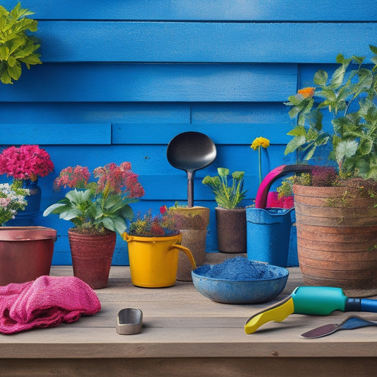 A colorful, overhead arrangement of various block planters, surrounded by a trowel, gardening gloves, pruning shears, and a watering can, on a rustic wooden table or patio.