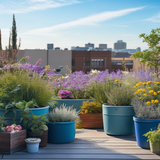 A serene rooftop garden scene with a variety of vibrant flowers and lush greenery thriving in a mix of modern, sleek planters and rustic, distressed wooden containers, set against a bright blue sky.