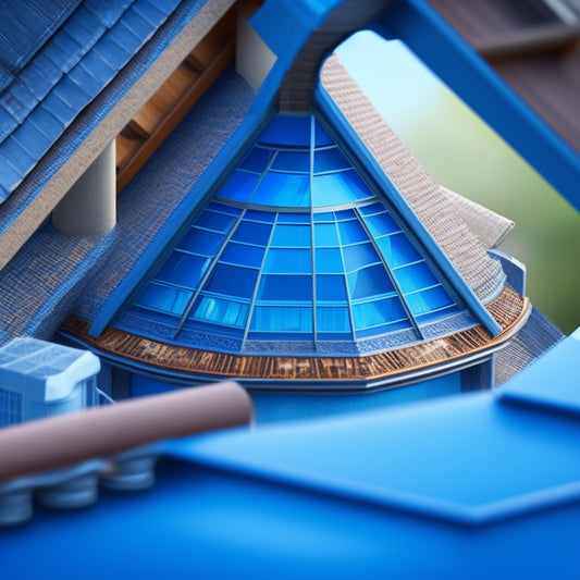 A dramatic, high-angle shot of a magnifying glass hovering above a detailed, 3D illustration of a roof's underlying structure, with crisscrossing beams, trusses, and supports in various shades of blue and gray.