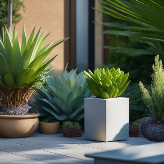 A serene outdoor setting with a sleek, modern block planter in the foreground, surrounded by lush greenery, featuring clean lines, geometric shapes, and a mix of textures and materials.