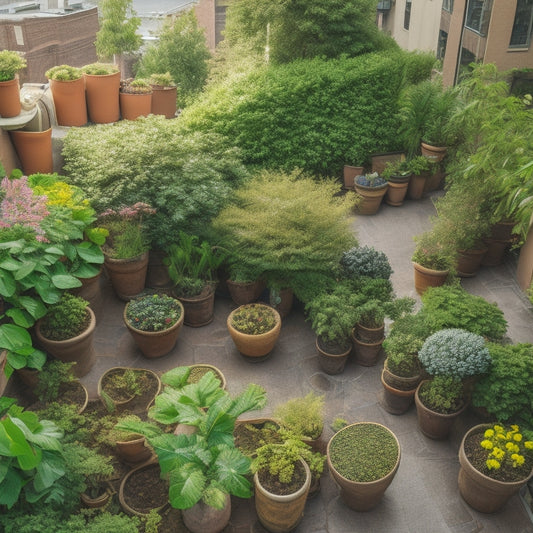 An overhead view of a lush, thriving rooftop garden with vibrant green plants and colorful flowers, surrounded by heavy clay pots, with various fertilizer containers and a cityscape in the background.