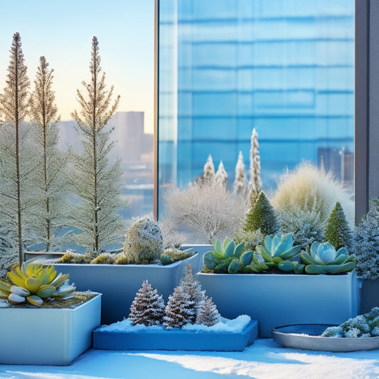 A serene winter rooftop garden scene: snow-dusted planters, evergreen trees, and frost-kissed succulents thrive under a transparent awning, surrounded by urban skyscrapers and a pale blue winter sky.