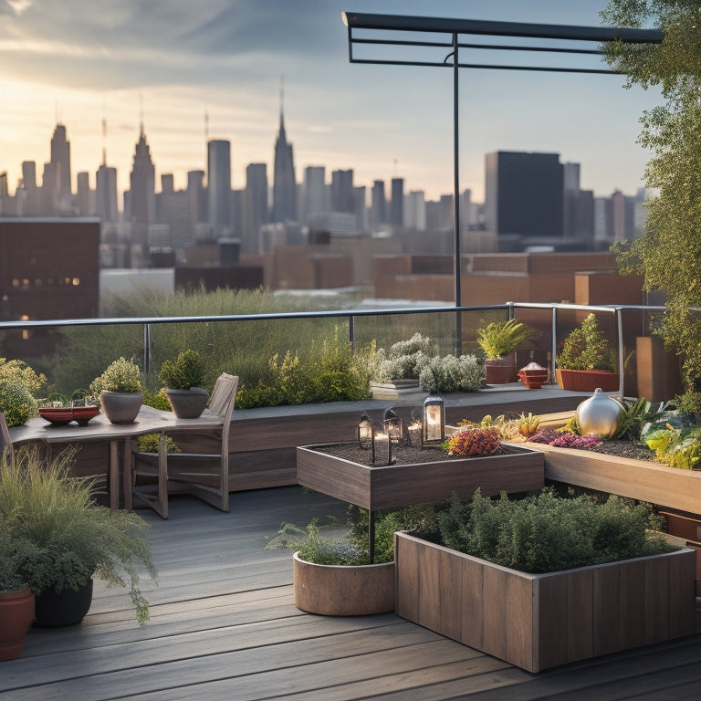 A serene rooftop scene: lush greenery spills from three raised beds, surrounded by sleek wooden decking, modern outdoor furniture, and a few lanterns, set against a warm, sunny urban skyline.