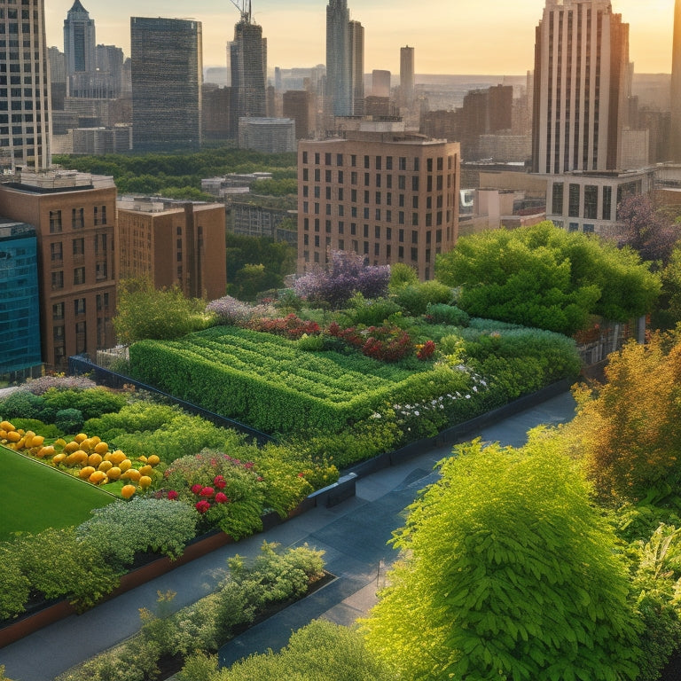 An aerial view of a lush, vibrant rooftop garden with a mix of leafy greens, colorful flowers, and ripening fruits, surrounded by a bustling cityscape with skyscrapers in the background.