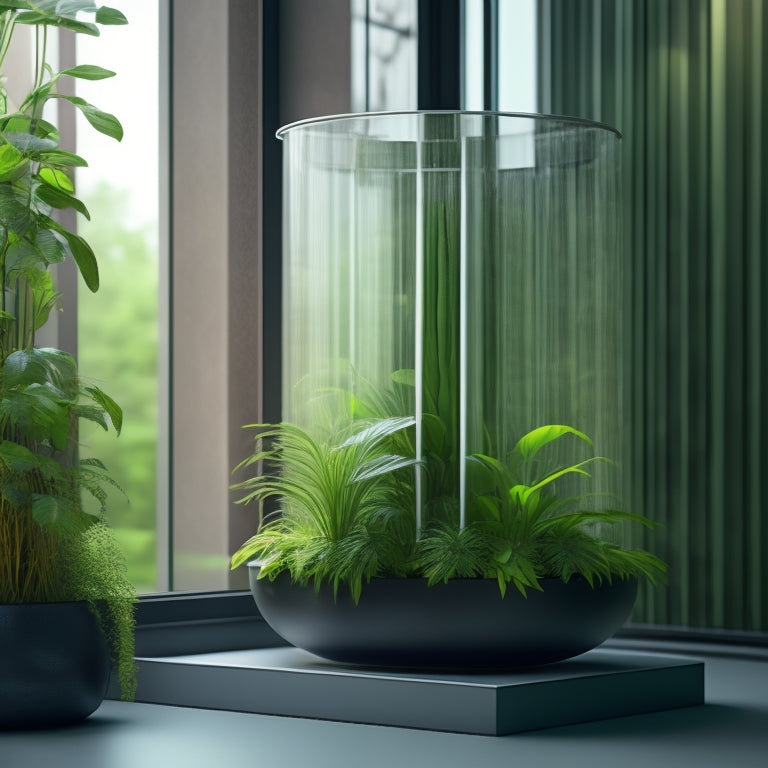 An illustration of a sleek, modern planter with a built-in water reservoir, featuring a transparent side panel revealing a network of thin, winding tubes and sensors, surrounded by lush, thriving plants.