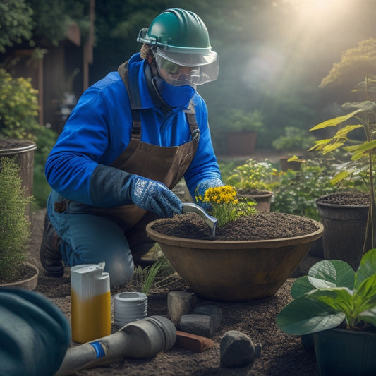 A person wearing gloves, safety goggles, and a dust mask, standing in a well-lit garden, carefully handling a sharp planter tool, with a first-aid kit and a warning sign in the background.