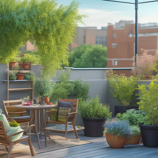 A serene rooftop garden with lush greenery, a mix of flowering plants and herbs, supported by a sleek, curved metal trellis with a wooden ladder and a few comfortable outdoor chairs.