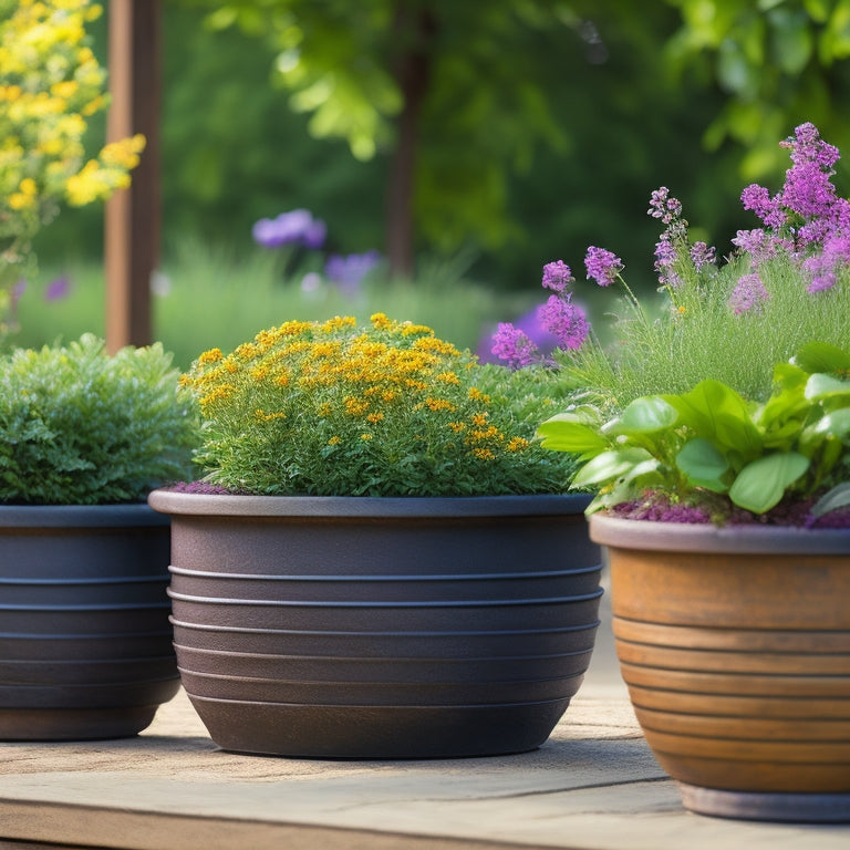 An arrangement of outdoor planters made from various durable materials, such as weathered wood, rusty metal, and sleek recycled plastic, set against a blurred green backyard landscape with blooming flowers.