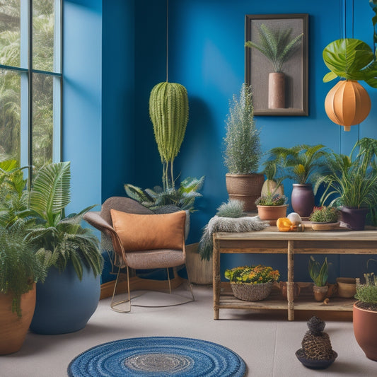 A vibrant, well-lit indoor space featuring a diverse array of edible plants thriving in unique, modern planters, with varying textures, shapes, and sizes, amidst a cozy living area backdrop.