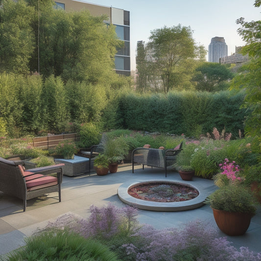 A serene rooftop garden with varied seating, including a wheelchair-accessible bench and a sensory-friendly hammock, surrounded by vibrant plants, a vertical garden, and a gentle water feature.