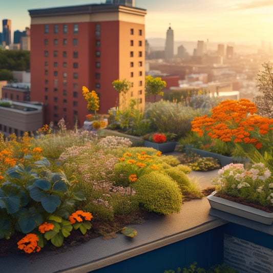 An illustration of a lush rooftop garden with various plants, including marigolds, nasturtiums, and creeping thyme, their roots intertwined, holding soil in place, amidst a backdrop of a cityscape.