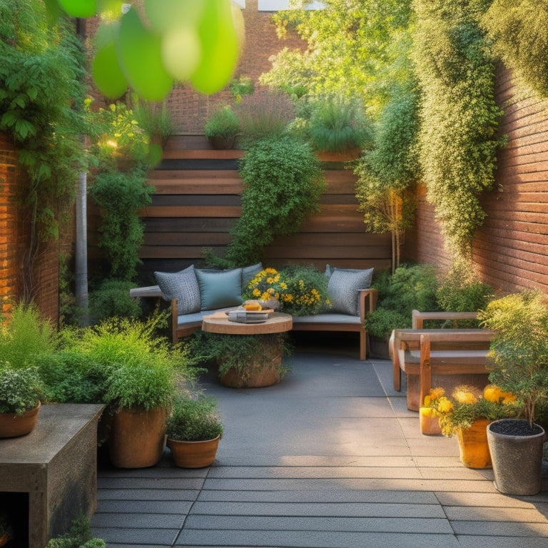 A serene urban courtyard with lush greenery overflowing from rustic, painted cinder block planters, surrounded by reclaimed wood benches and warm string lights under a sunny afternoon sky.