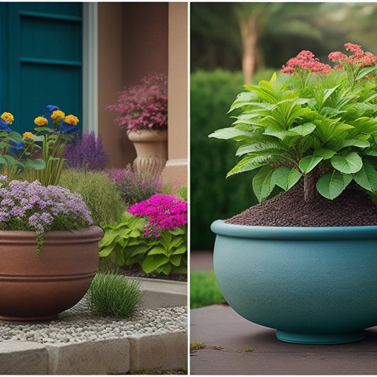 Generate an image of a before-and-after split-screen design, showcasing a dull, gray concrete planter transformed into a vibrant, painted vessel with decorative stones and lush greenery overflowing from the top.