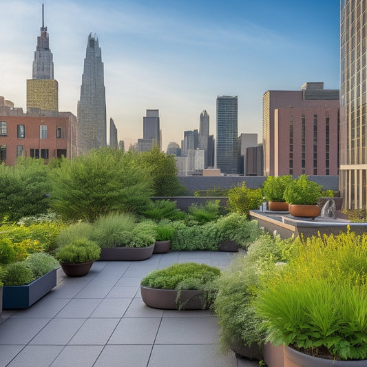 A serene rooftop garden with lush greenery, vibrant flowers, and a small seating area, surrounded by sleek modern apartment buildings with large windows and a cityscape in the background.