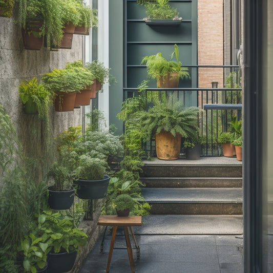 A narrow, urban balcony with a petite, sleek vertical garden system installed on the railing, lush greenery spilling over, with a few potted plants and a small wooden bench in the corner.