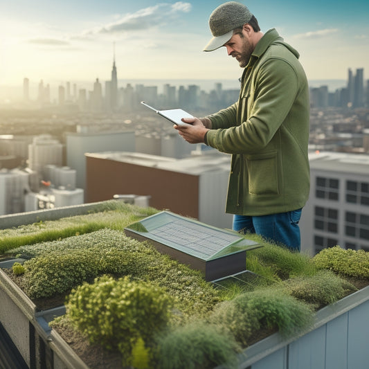 A illustration of a person standing on a green rooftop with a cityscape background, holding a tablet with a checklist and a miniature model of a green roof, surrounded by various roofing materials.