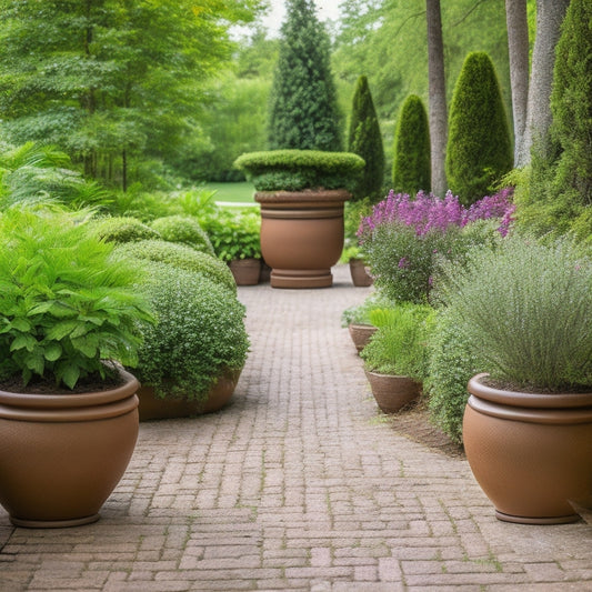 A serene walkway garden scene featuring a series of planters in graduated sizes, from small 6-inch terracotta pots to large 36-inch wooden planters, amidst lush greenery and meandering stone paths.