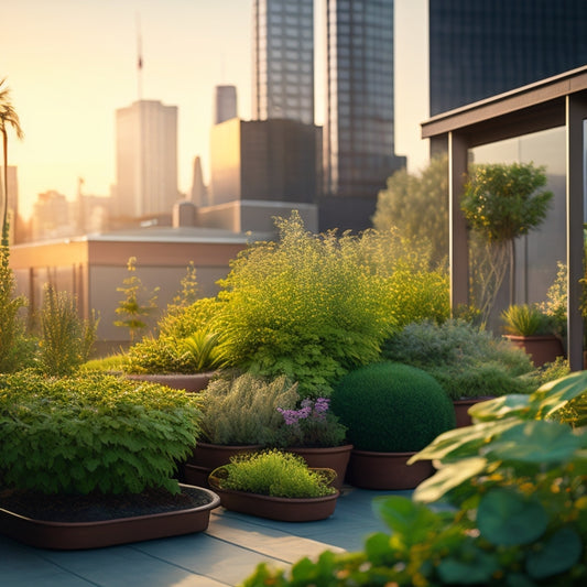 An illustration of a thriving rooftop garden with lush greenery, a thermometer showing a comfortable temperature range, and subtle hints of shading, misting, and ventilation systems in the background.