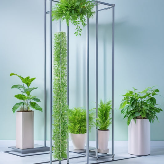 A futuristic, sleek, and modern vertical garden trellis system with geometric metal frames, verdant greenery, and vibrant flowers, set against a clean, minimalist white background.