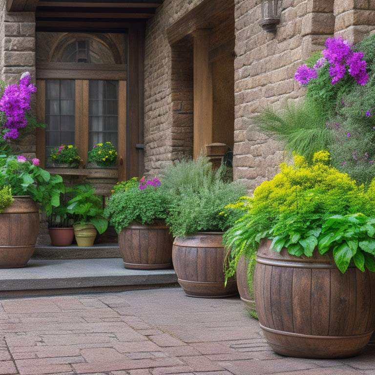 A rustic wooden patio with three large, ornate planters of varying sizes, filled with lush greenery and vibrant flowers, surrounded by natural stone and weathered brick accents.