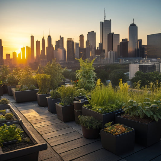 A serene urban rooftop garden at sunset, with lush greenery, thriving vegetables, and a mix of modern planters and repurposed containers, surrounded by city skyscrapers and a warm golden light.