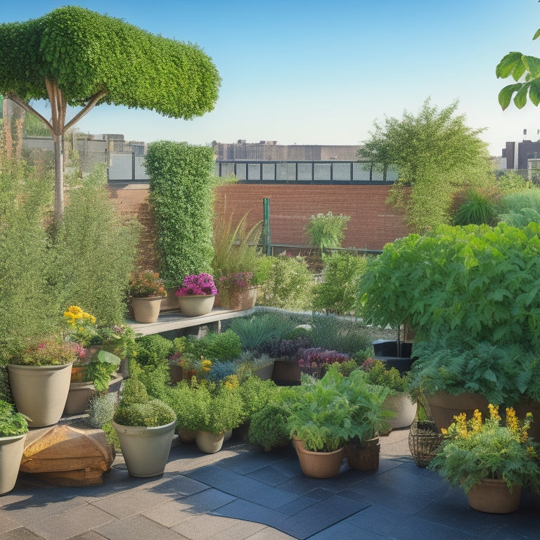 A rooftop garden with a mix of lush green vegetables, vibrant flowers, and herbs, surrounded by wooden planters, a small seating area, and a trellis with climbing vines.