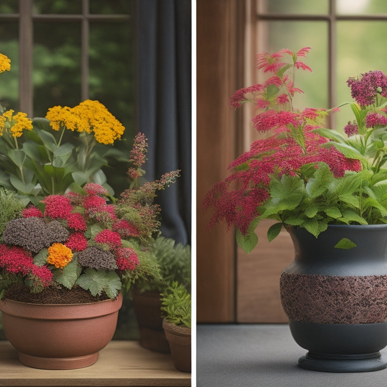 A split-screen image featuring a thriving DIY planter on one side, with lush greenery and vibrant flowers, and a barren planter on the other, with wilted plants and poor soil quality.