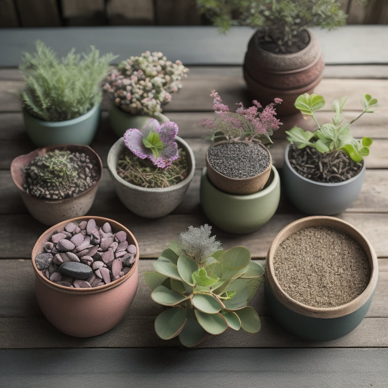 A whimsical, overhead shot of six unique, petite planters in pastel hues, each overflowing with lush, varied herbs, arranged on a rustic wooden table amidst scattered sprigs and a few loose pebbles.