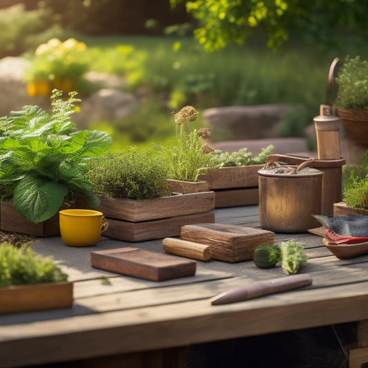 A rustic wooden table with a few DIY block planters in various stages of assembly, surrounded by scattered plants, gardening tools, and a few spare blocks, set against a blurred outdoor background.