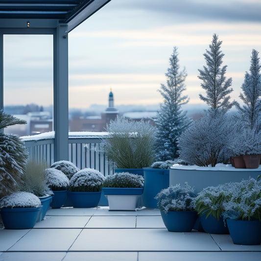 A serene winter rooftop scene with snow-covered planters, evergreen shrubs, and winter flowering bulbs, surrounded by a railing with frosty glass panels, amidst a soft, grey-blue sky with subtle snowflakes.