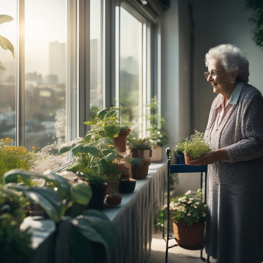 An elderly person with a walker, surrounded by lush greenery, standing in front of a compact, tiered planter with various herbs and flowers, against a bright, sunny window with a cityscape outside.